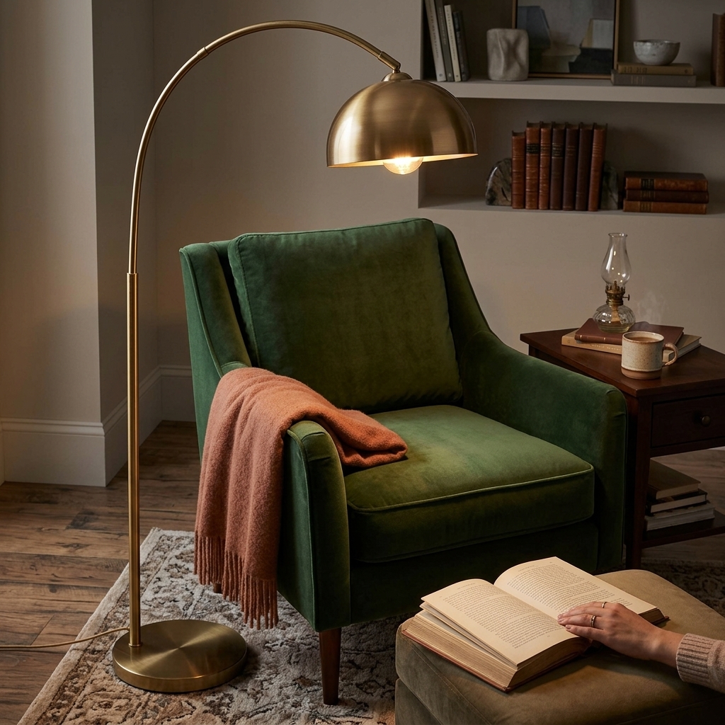 Modern Minimalist Brushed Brass Arched Floor Lamp with Dome Shade - Image 4