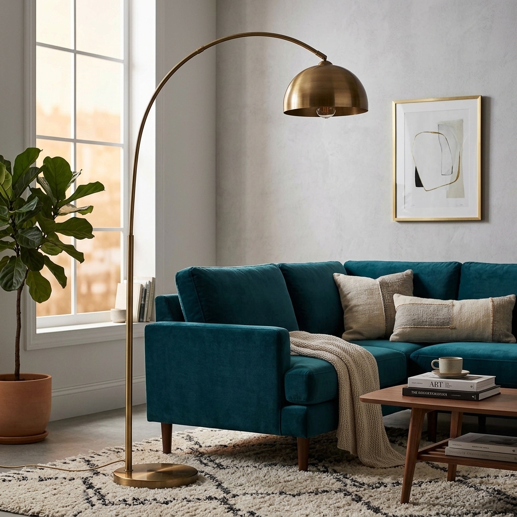 Modern Minimalist Brushed Brass Arched Floor Lamp with Dome Shade - Image 3