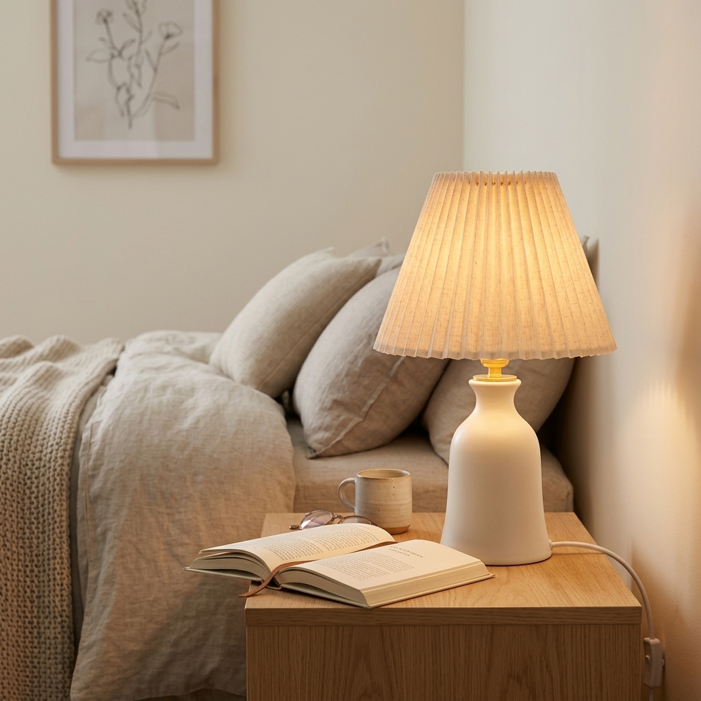 Minimalist White Ceramic Table Lamp with Pleated Linen Shade - Image 4