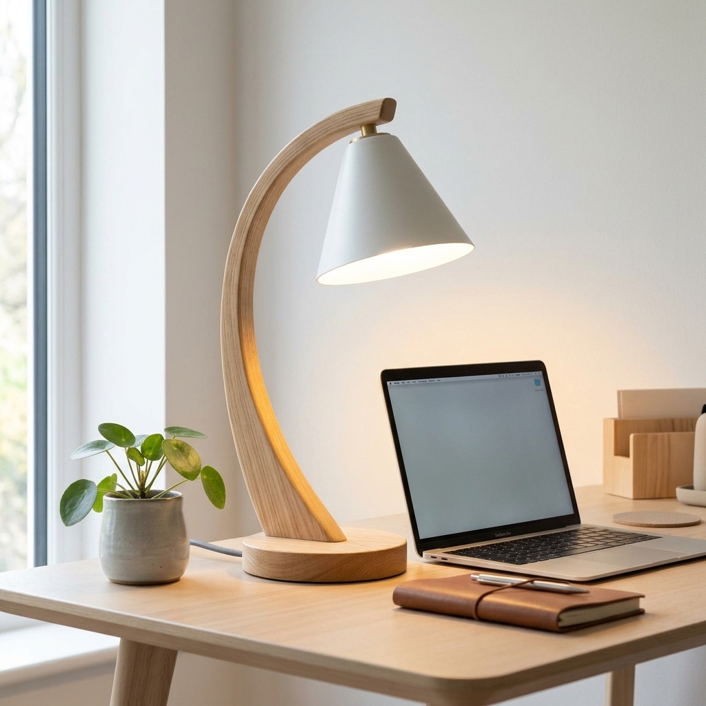 Nordic Solid Wood Curved Arm Desk Lamp with White Cone Shade - Image 2