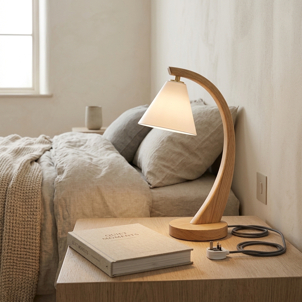 Nordic Solid Wood Curved Arm Desk Lamp with White Cone Shade - Image 3