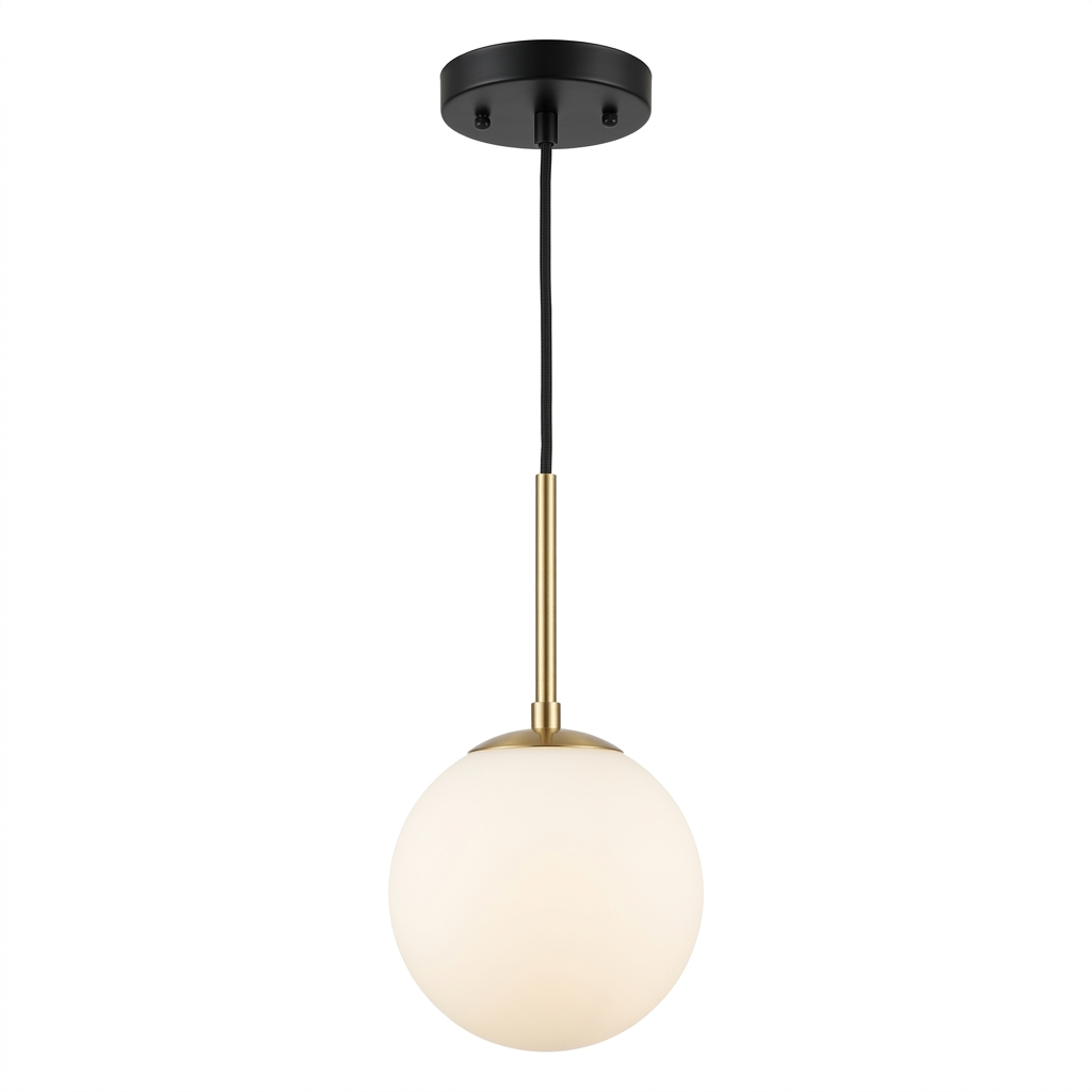 Modern Minimalist Single-Globe Pendant Light with Milky White Glass Shade and Brass Stem