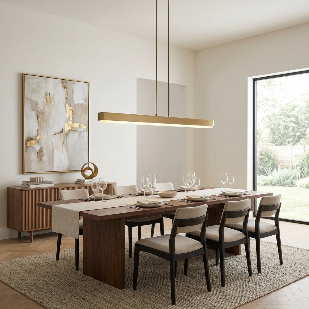 Modern Minimalist Linear LED Pendant Chandelier in Brushed Brass Finish - Image 3