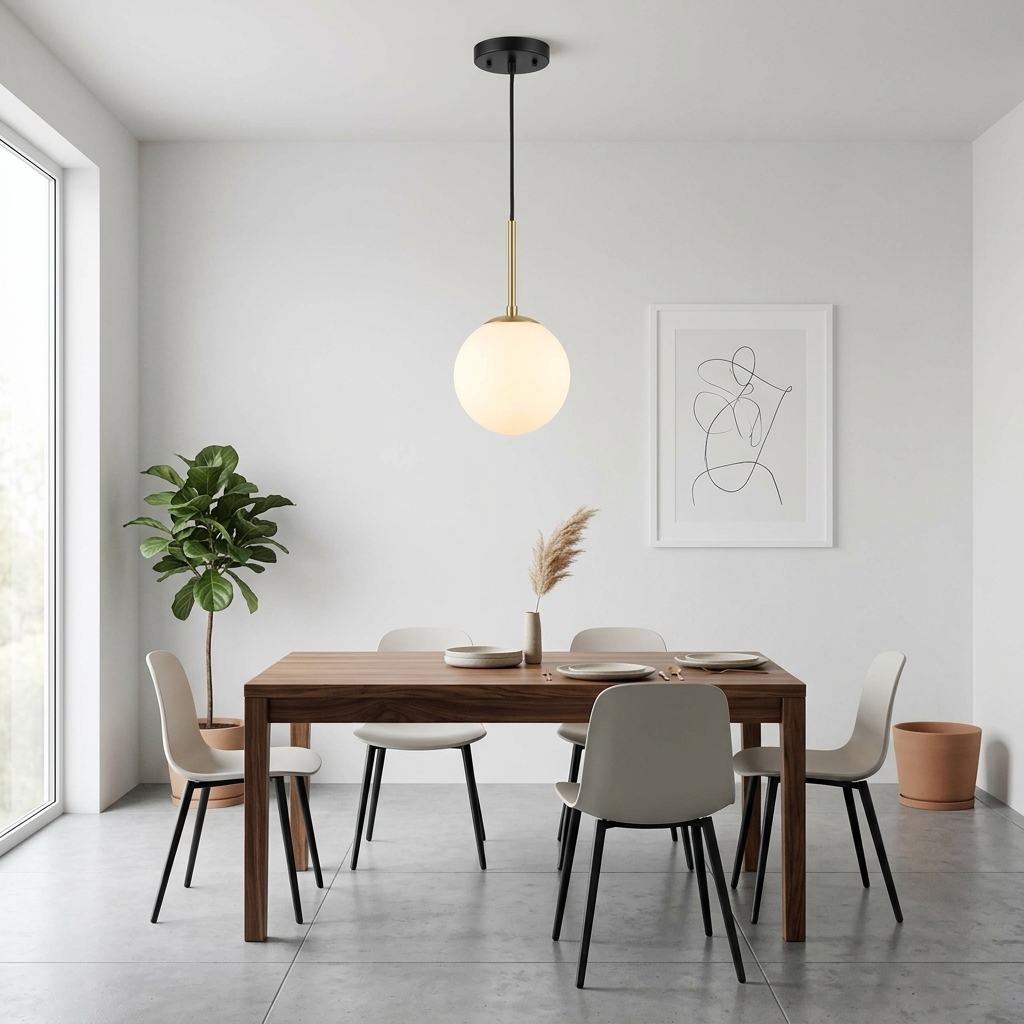 Modern Minimalist Single-Globe Pendant Light with Milky White Glass Shade and Brass Stem - Image 2