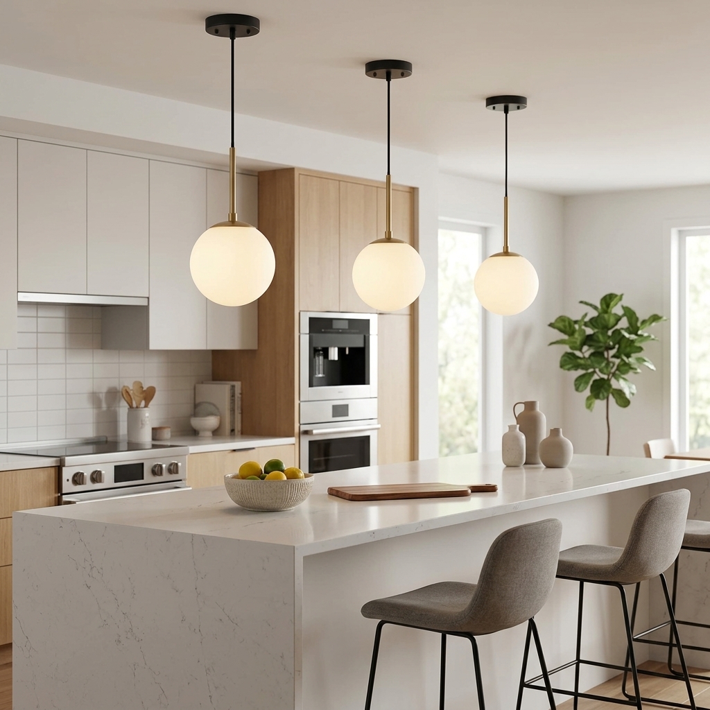 Modern Minimalist Single-Globe Pendant Light with Milky White Glass Shade and Brass Stem - Image 3
