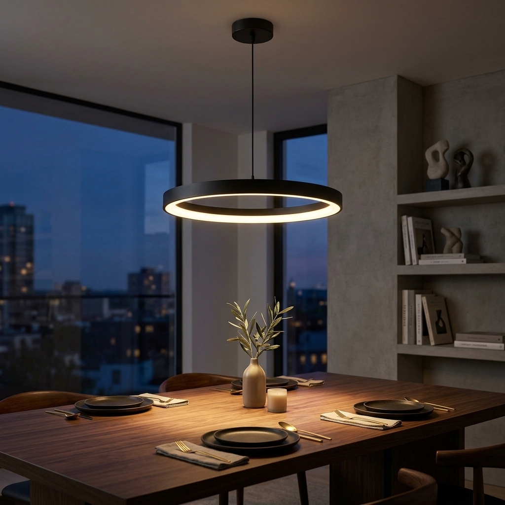 Modern Minimalist Circular LED Ring Pendant Light in Matte Black - Image 5