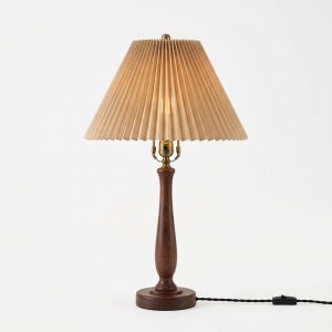 Vintage Pleated Fabric Table Lamp with Dark Walnut Wood Base