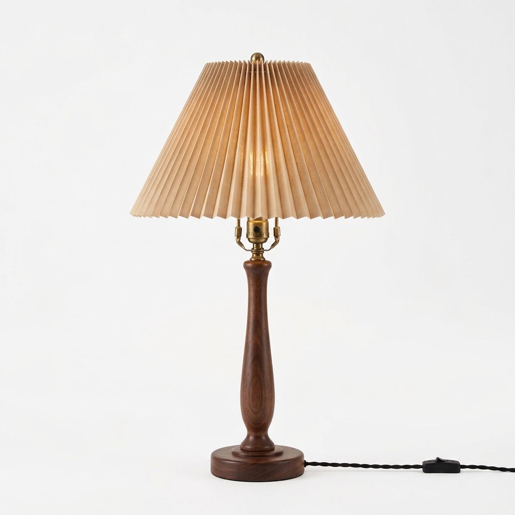 Vintage Pleated Fabric Table Lamp with Dark Walnut Wood Base
