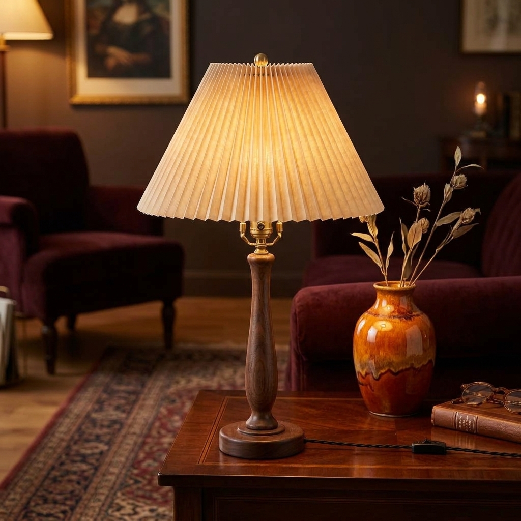 Vintage Pleated Fabric Table Lamp with Dark Walnut Wood Base - Image 2