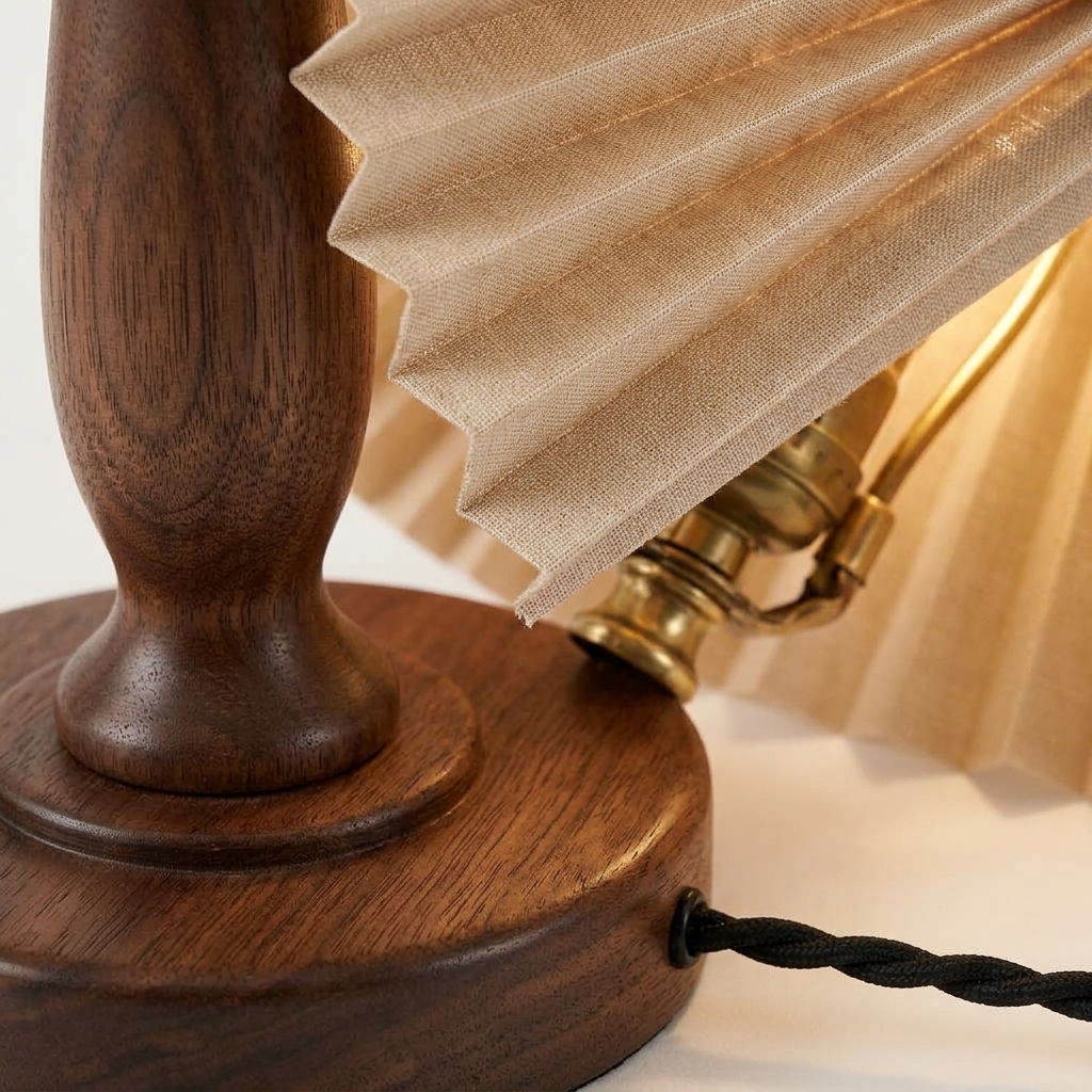 Vintage Pleated Fabric Table Lamp with Dark Walnut Wood Base - Image 4