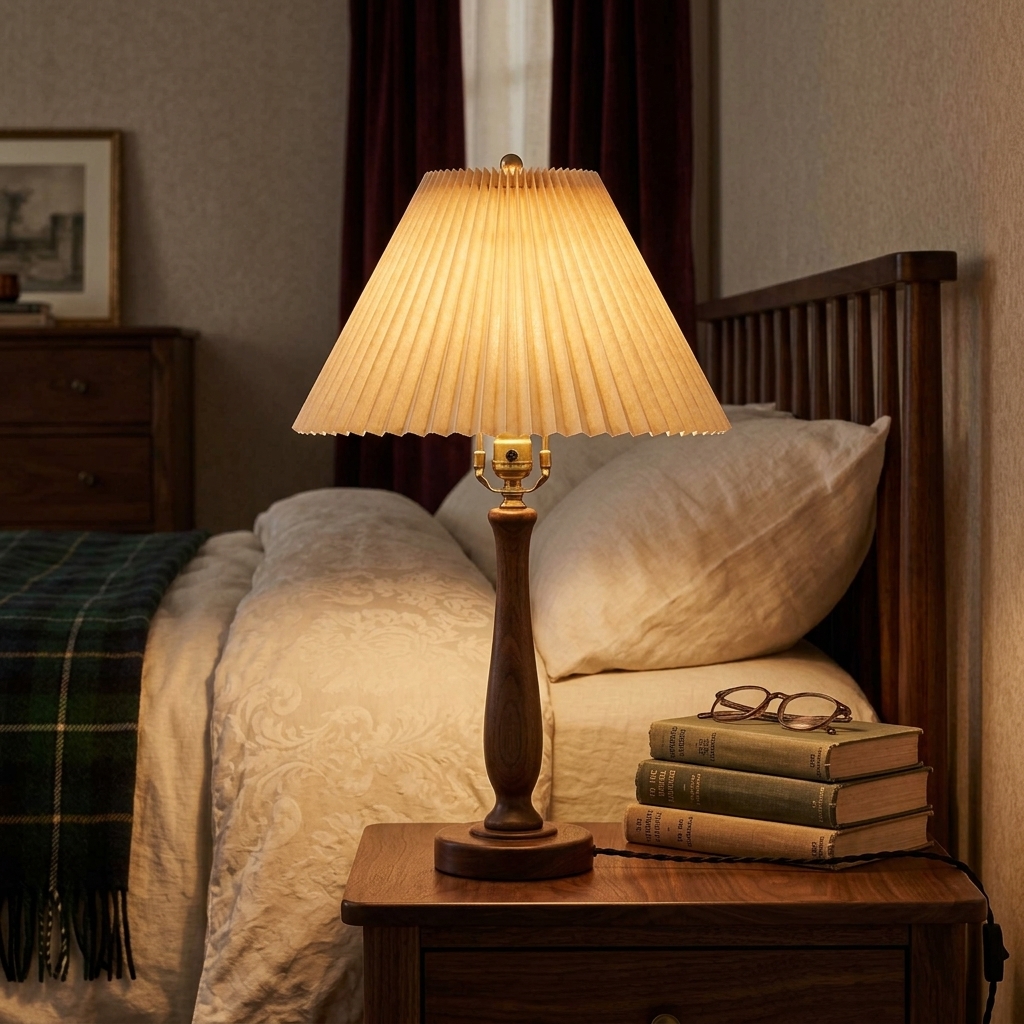 Vintage Pleated Fabric Table Lamp with Dark Walnut Wood Base - Image 3