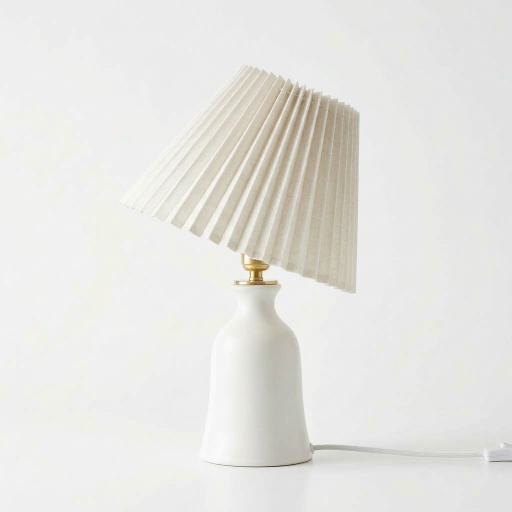 Minimalist White Ceramic Table Lamp with Pleated Linen Shade - Image 2