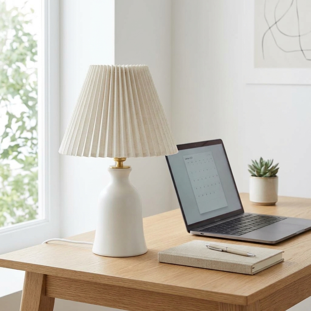 Minimalist White Ceramic Table Lamp with Pleated Linen Shade - Image 3