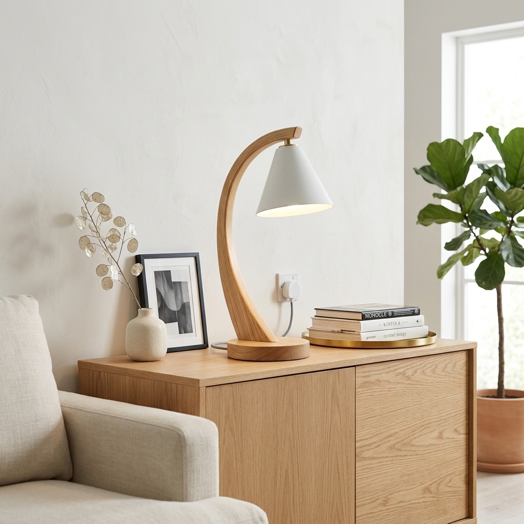 Nordic Solid Wood Curved Arm Desk Lamp with White Cone Shade - Image 4