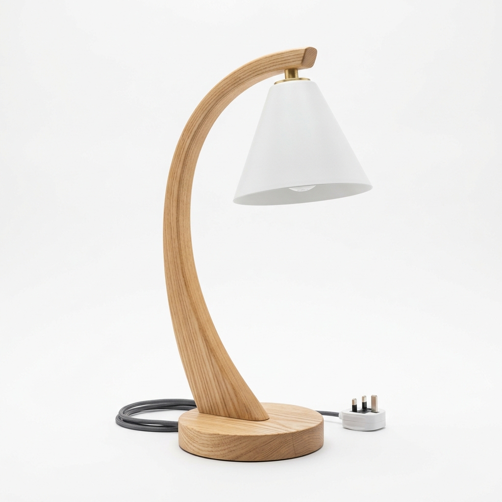 Nordic Solid Wood Curved Arm Desk Lamp with White Cone Shade